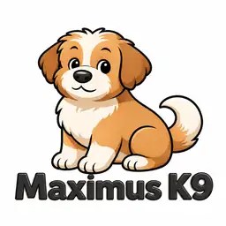 Maximus K9 puppy logo and lettering on a solid white square